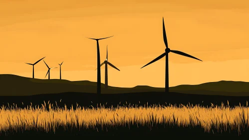 Golden Hour Wind Turbine Silhouette