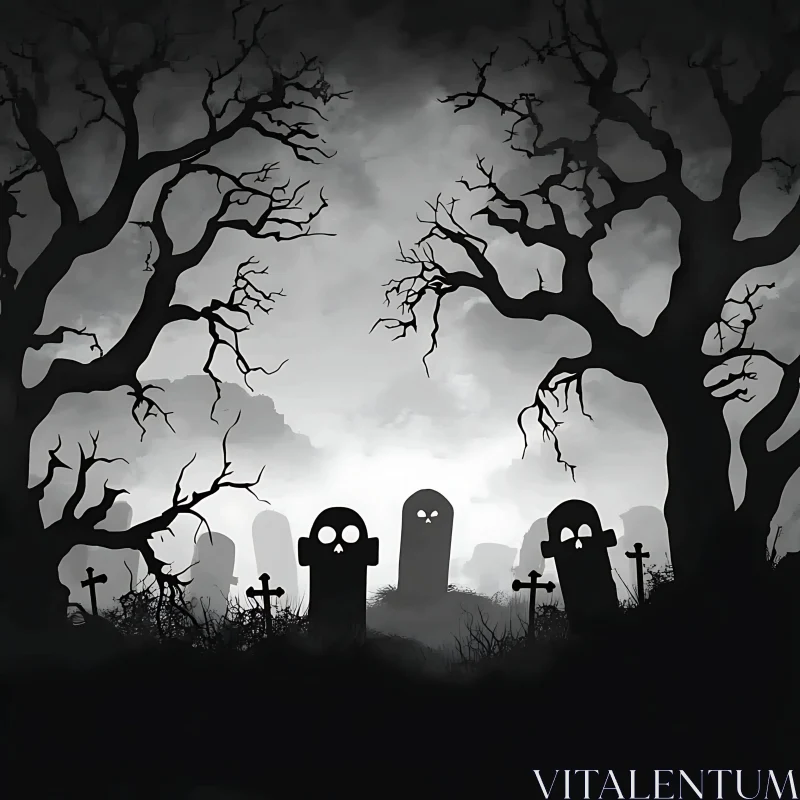 Monochrome Halloween Cemetery Illustration AI Image