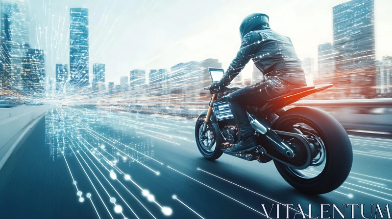 Cyberpunk Motorcycle in a Tech City AI Image