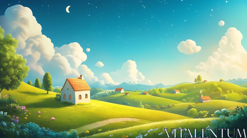 Peaceful Green Hills and Cozy Cottages AI Image