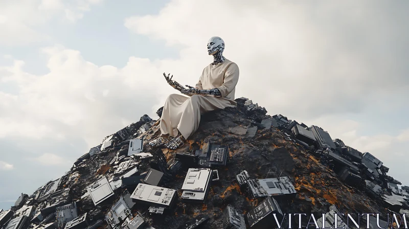 Reflective Cyborg on E-Waste Pile AI Image