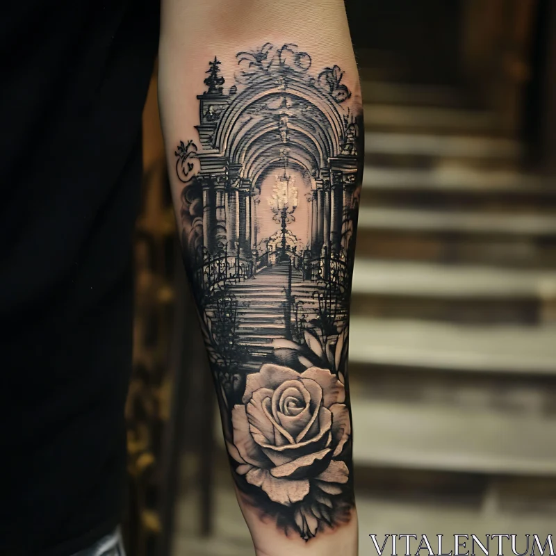 Gothic Staircase and Rose Forearm Tattoo Art AI Image