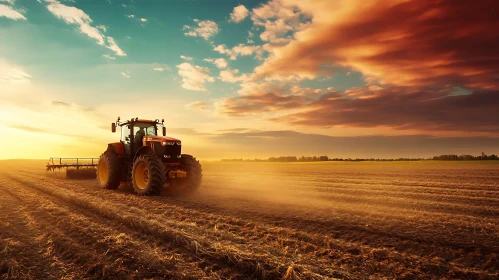 Agricultural Tractor Working in Field at Sunset