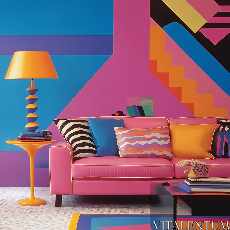 AI ART Colorful Room with Pink Sofa and Lamp