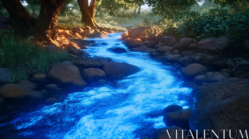 AI ART Glowing Blue Stream Through a Forest