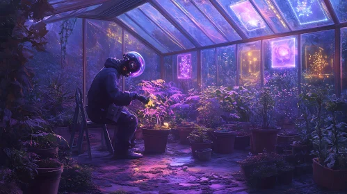 Astronaut in Neon Lit Greenhouse