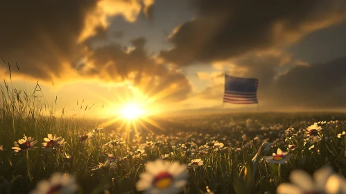 Sunset Field with Flag