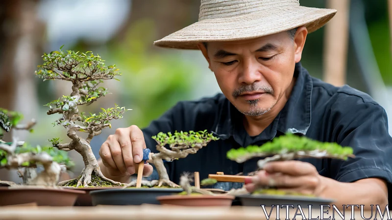 Asian Gardener Carefully Pruning Bonsai AI Image