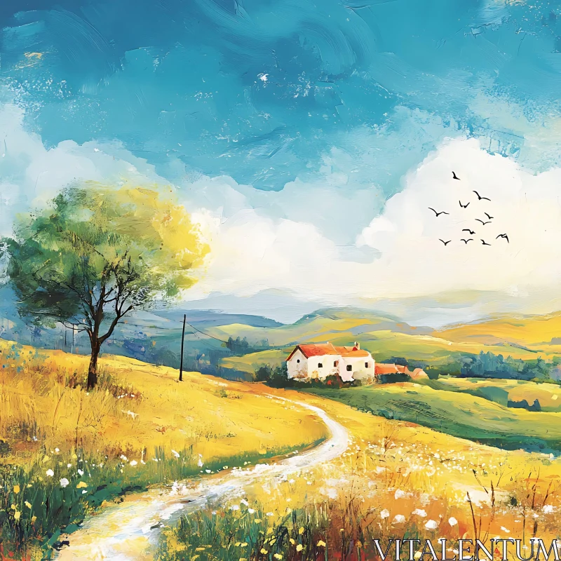 Peaceful Countryside Landscape with Winding Path AI Image