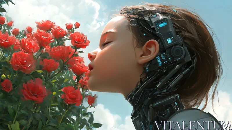 Cyborg Harmonizes Amidst Blooming Roses AI Image