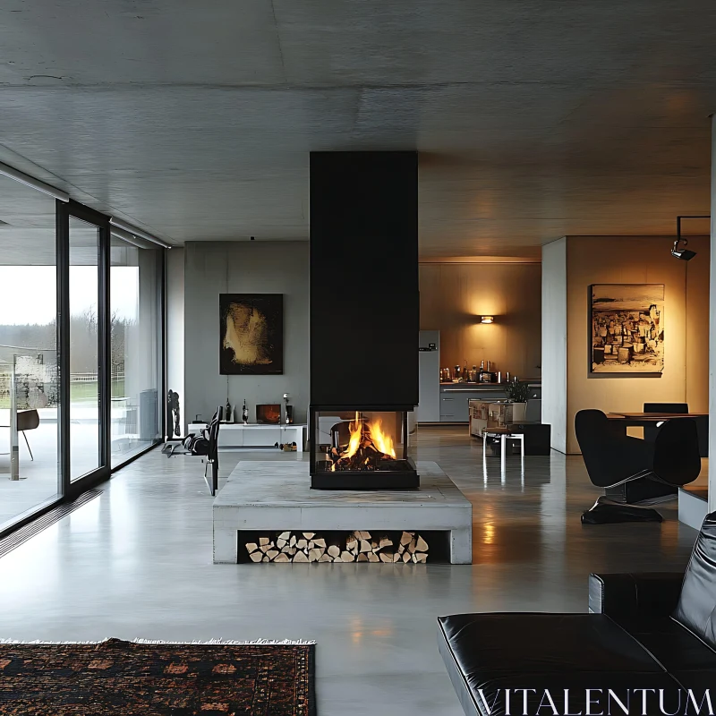 Sleek Interior with Central Fireplace AI Image