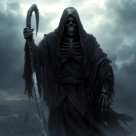 Ominous Reaper with Scythe Against Cloudy Sky