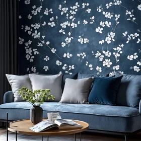 Stylish Blue Sofa with Floral Wallpaper