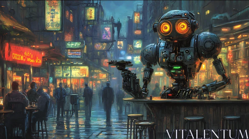 Futuristic Bar Scene with Robot AI Image