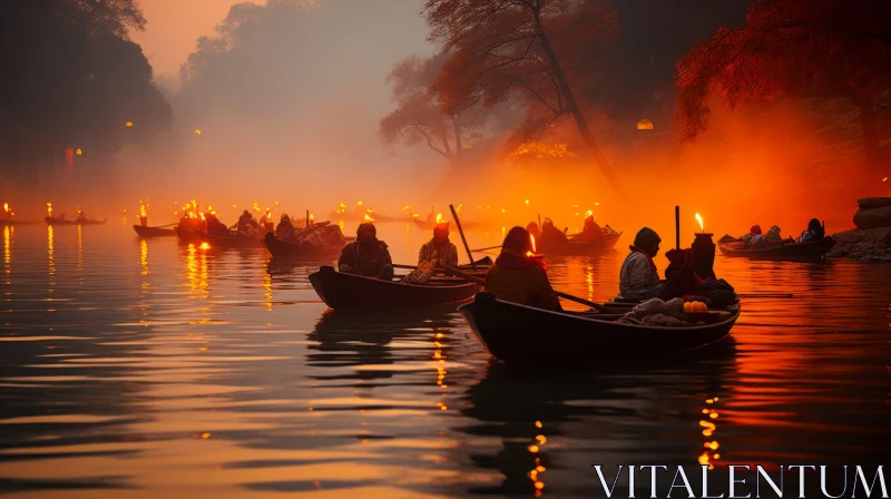 Boats on a River: A Captivating Scene of People Enjoying a Serene Voyage AI Image