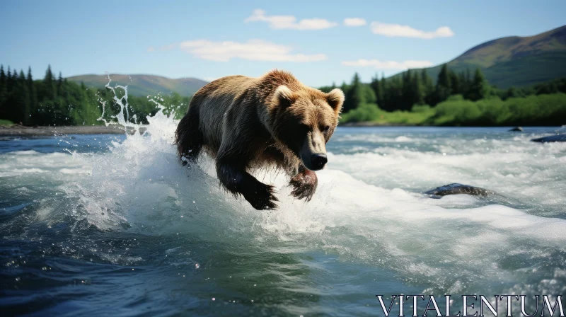 Brown Bear Leaping into Water - Capturing the Power of Wildlife AI Image