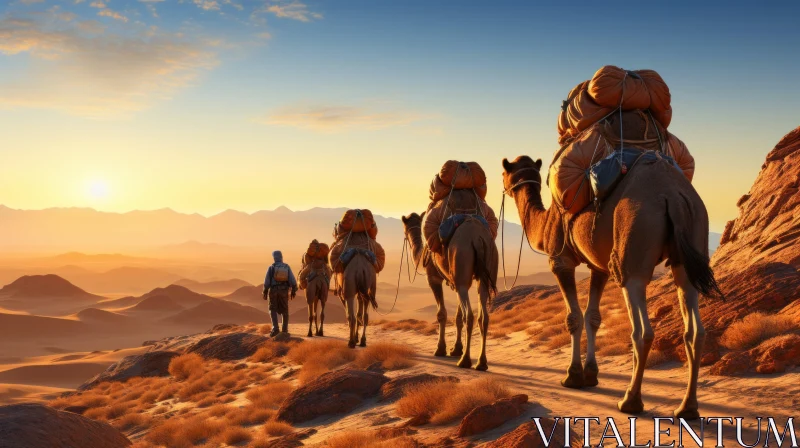 Captivating Desert Landscape with Camels | Travel Illustration AI Image