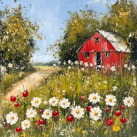 Red Barn and Daisy Field Painting