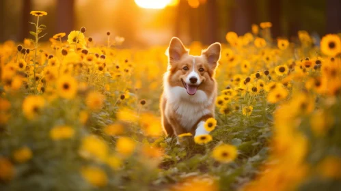 Corgi in a Sunflower Field at Sunset: A Softly Lit Portrait