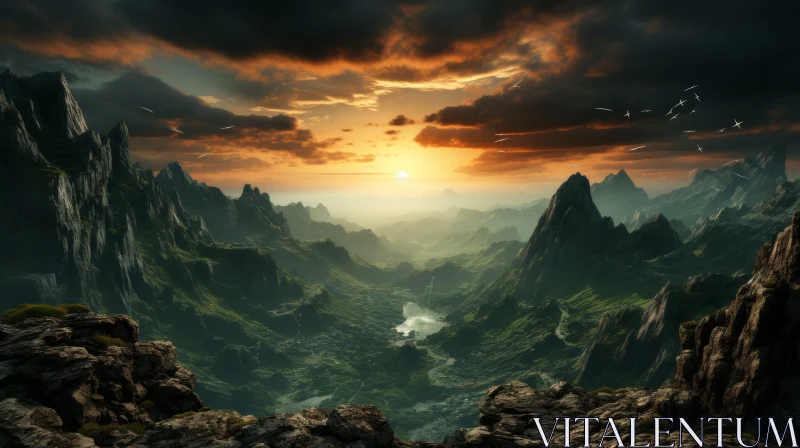 Epic Mountain Landscape with Sunset Backdrop AI Image