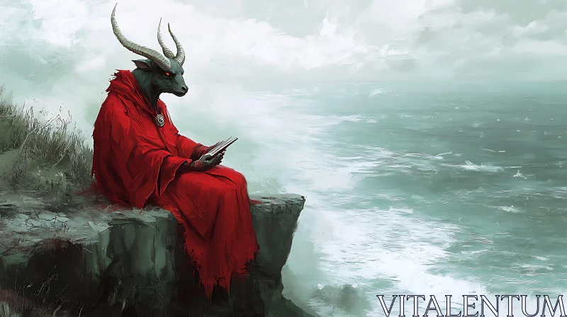 AI ART Cliffside Reader: A Horned Character's Solitude