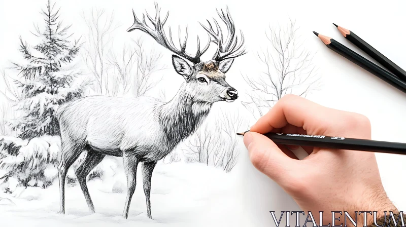 Detailed Deer Sketch in Winter Landscape AI Image