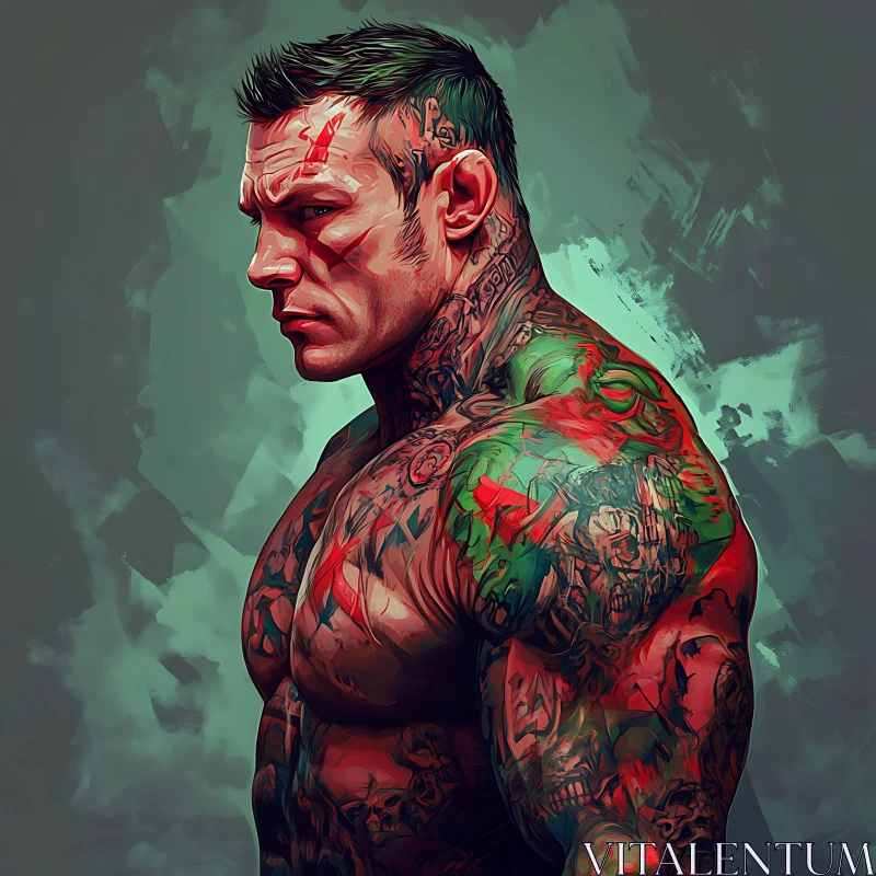 Colorful Tattoos on a Muscular Man AI Image