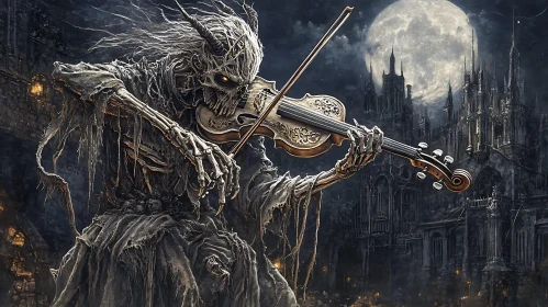 Skeletal Violinist in Gothic Moonlight