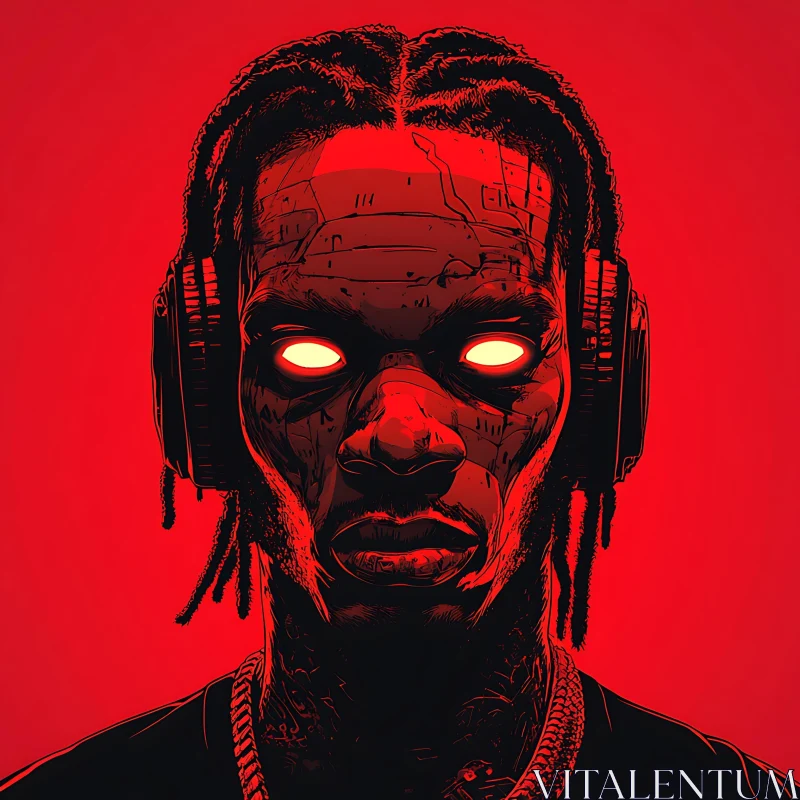 AI ART Red Portrait with Headphones