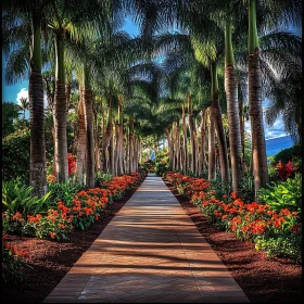 Serene Tropical Palm Tree Flower Path
