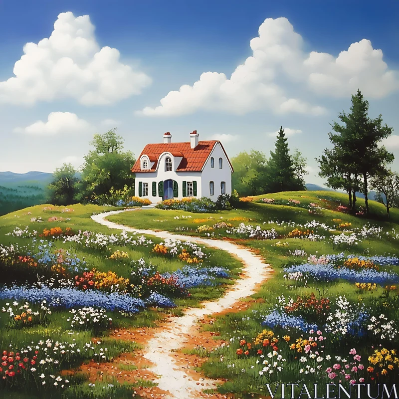 Rural House with Flower Field AI Image