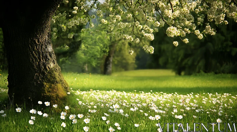 White Flowers and Tree in Meadow AI Image