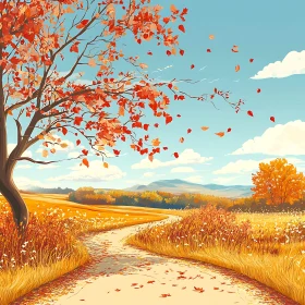 Scenic Autumnal Path with Falling Leaves