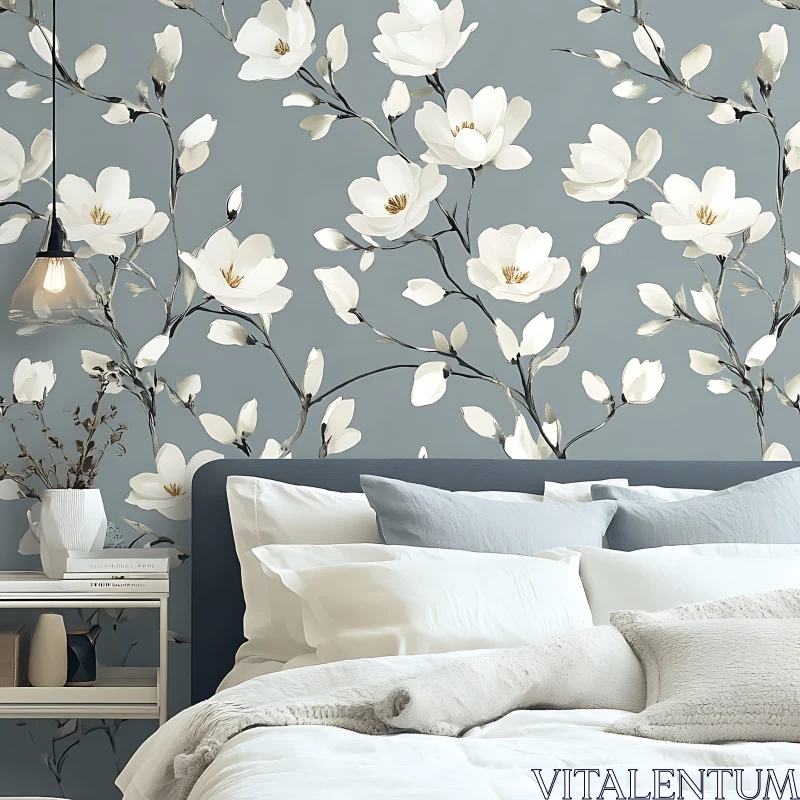 Bedroom with Magnolia Pattern Wallpaper AI Image