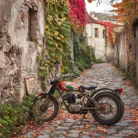 Old Motorcycle on Cobblestone Street