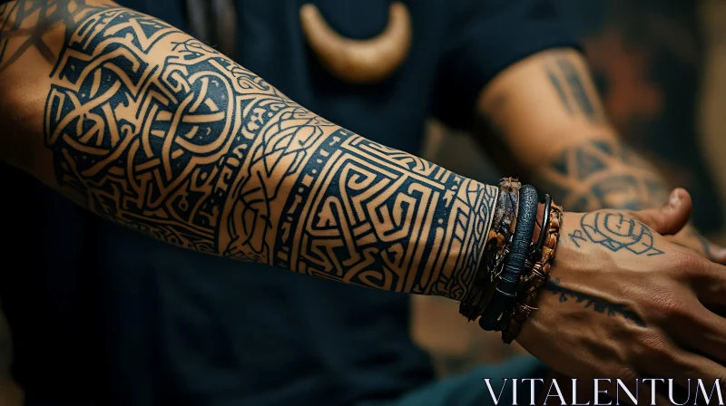 Detailed Tribal Arm Tattoo with Wristbands AI Image