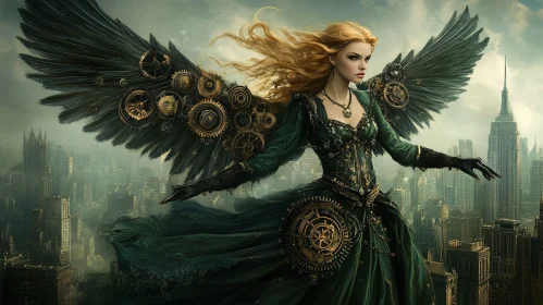 Mechanical Angel Soaring Above Metropolis