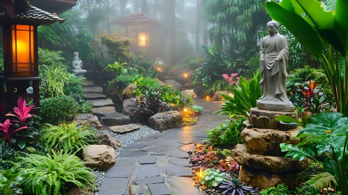 Misty Garden Path and Stone Statue