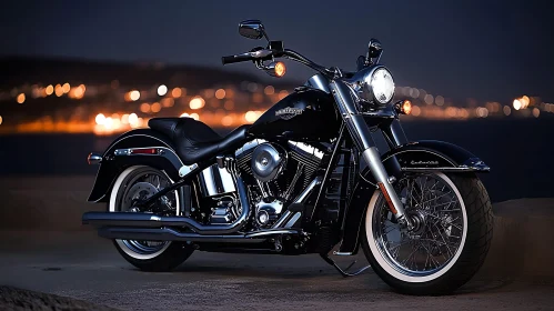 Vintage Motorcycle with City Lights