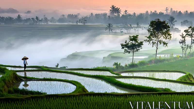 AI ART Foggy Rice Fields with Lone Farmer