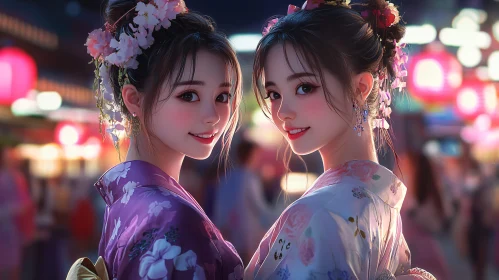Twin Portraits: Kimono and Blossoms