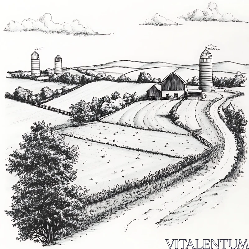 Monochrome Farm Scene with Barn and Silos AI Image