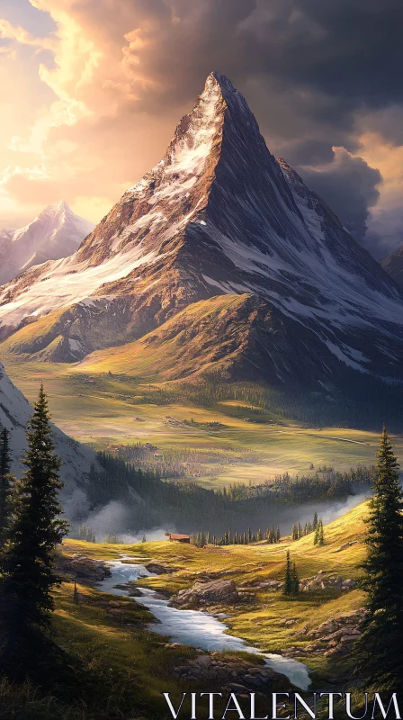 AI ART Sunset Over Mountain Peak with Serene Valley