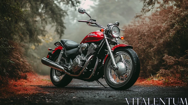 Classic Red Motorcycle in Misty Woods AI Image