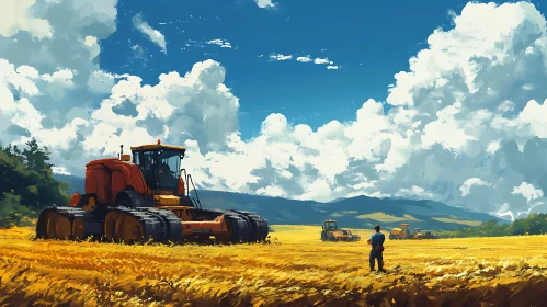 Agricultural Scene with Tractors in Field