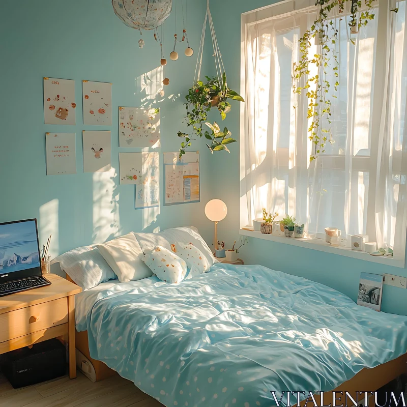 AI ART Peaceful Bedroom with Plants and Blue Bedding