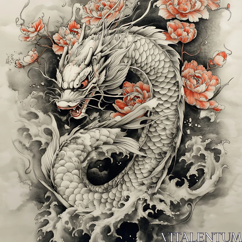 Ink Art Dragon and Peonies Illustration AI Image