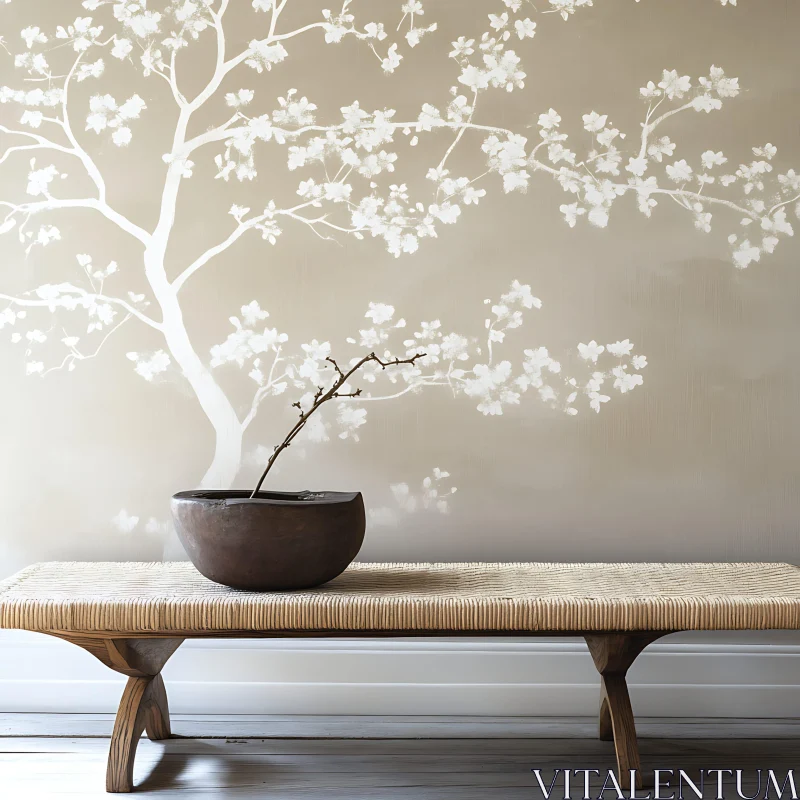 AI ART Minimalist Interior with Floral Wall Art and Bench