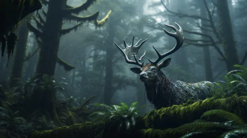 Majestic Deer in Misty Mossy Forest: A Baroque Animal Portraiture