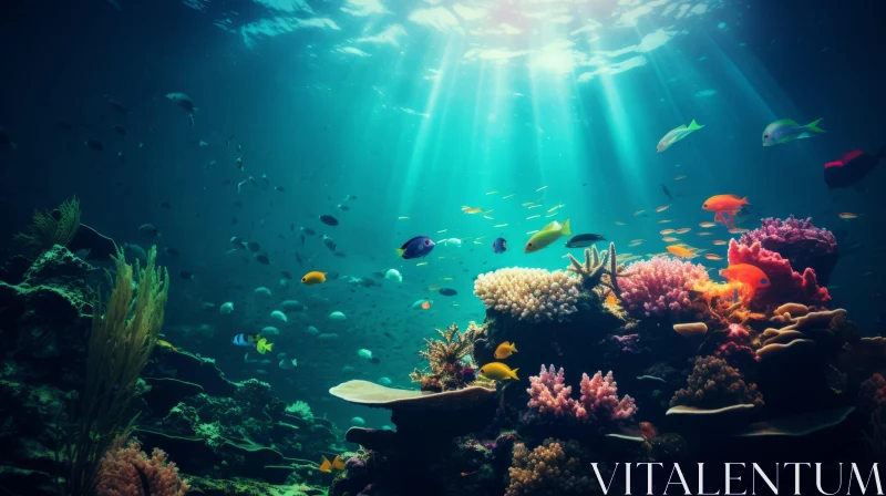 Sunlit Underwater Coral Reef: A Retro Styled Depiction AI Image
